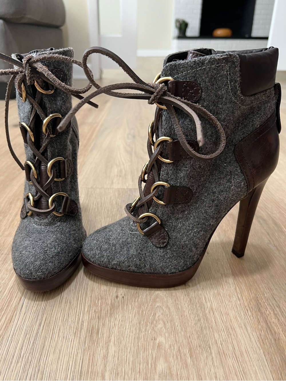 Tory Burch Lawson booties size 7 grey and brown stilettos heeled boots